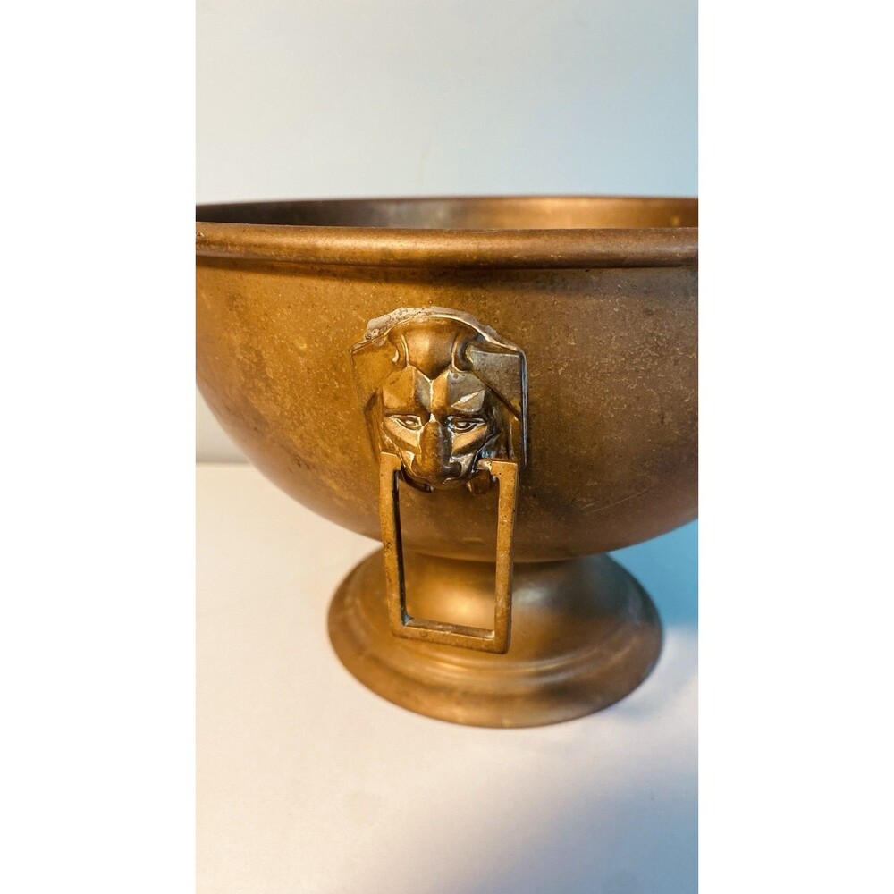Vintage Brass Jardiniere Planter W/ Lions Head Pulls Pedstal Base - Picture 3 of 13